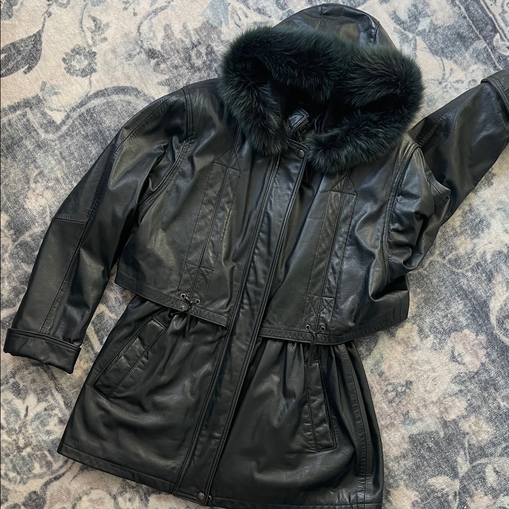 Women's Vintage Milano Black Leather Jacket with Fur Hood